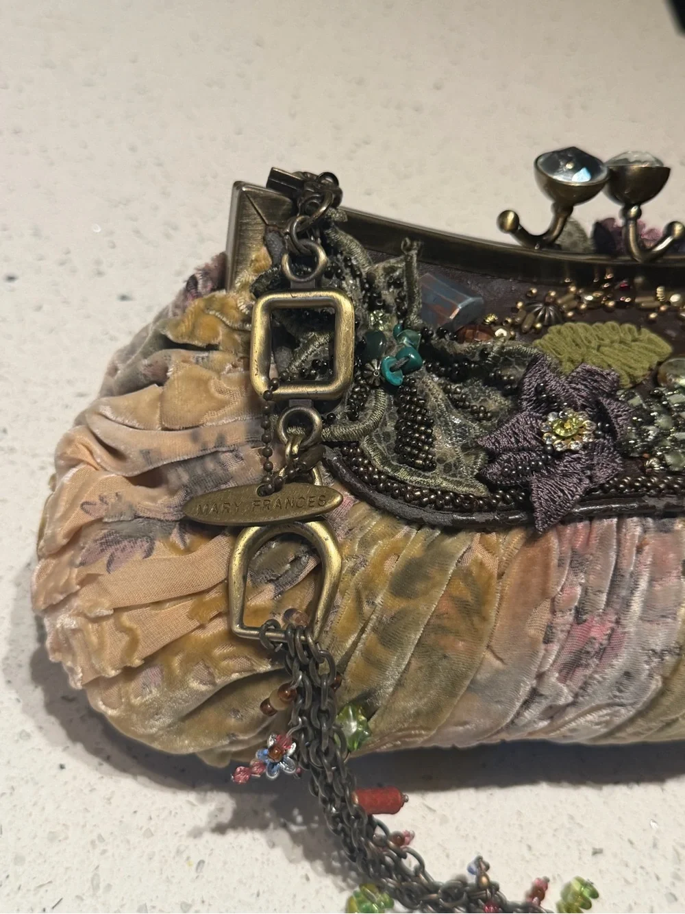 Mary Frances Olive Multi Ruffled Beaded Velvet Clutch